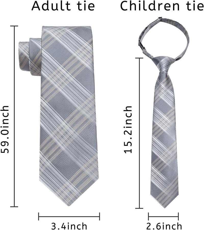 DiBanGu 2PCS Set for Father and Son Tie Silk Mens and Boys Adjustable Necktie & Pocket Square Cufflinks Kids Pre-tied Necktie - Image 4